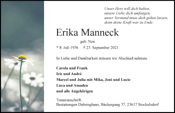 Traueranzeige von Erika Manneck von Lübecker Nachrichten