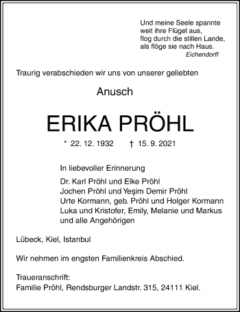 Traueranzeige von Erika Pröhl von Kieler Nachrichten