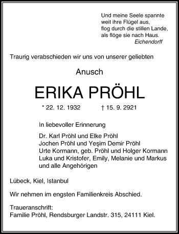 Traueranzeige von Erika Pröhl von Lübecker Nachrichten