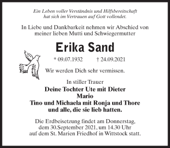 Traueranzeige von Erika Sand von Märkischen Allgemeine Zeitung