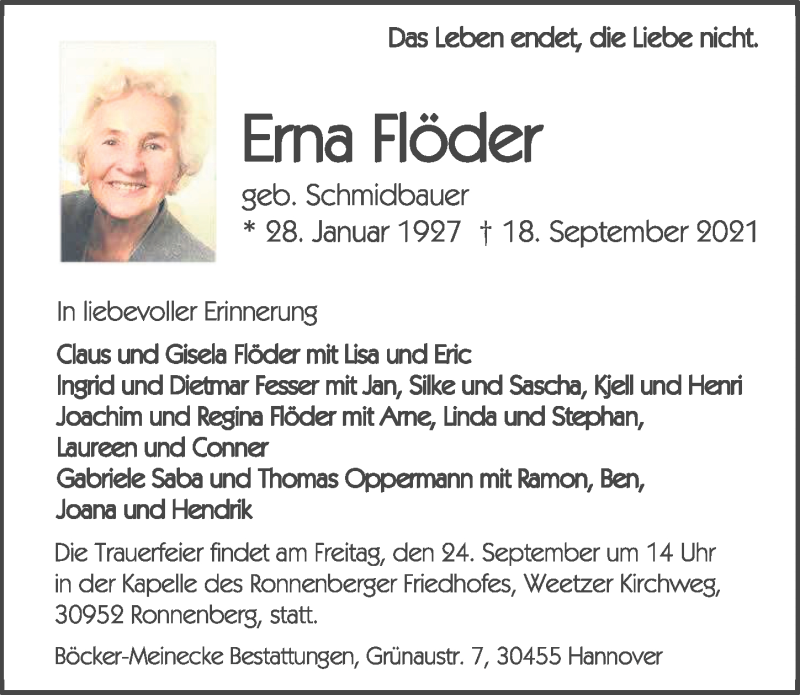  Traueranzeige für Erna Flöder vom 22.09.2021 aus Hannoversche Allgemeine Zeitung/Neue Presse