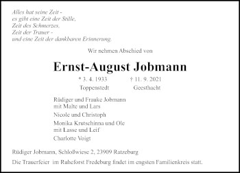 Traueranzeige von Ernst-August Jobmann von Lübecker Nachrichten