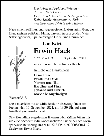 Traueranzeige von Erwin Hack von Lübecker Nachrichten