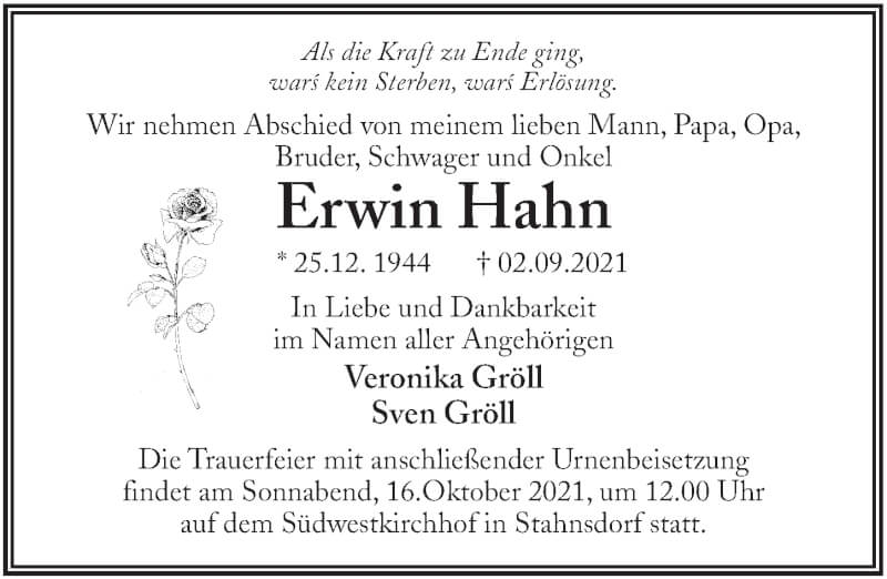  Traueranzeige für Erwin Hahn vom 18.09.2021 aus Märkischen Allgemeine Zeitung
