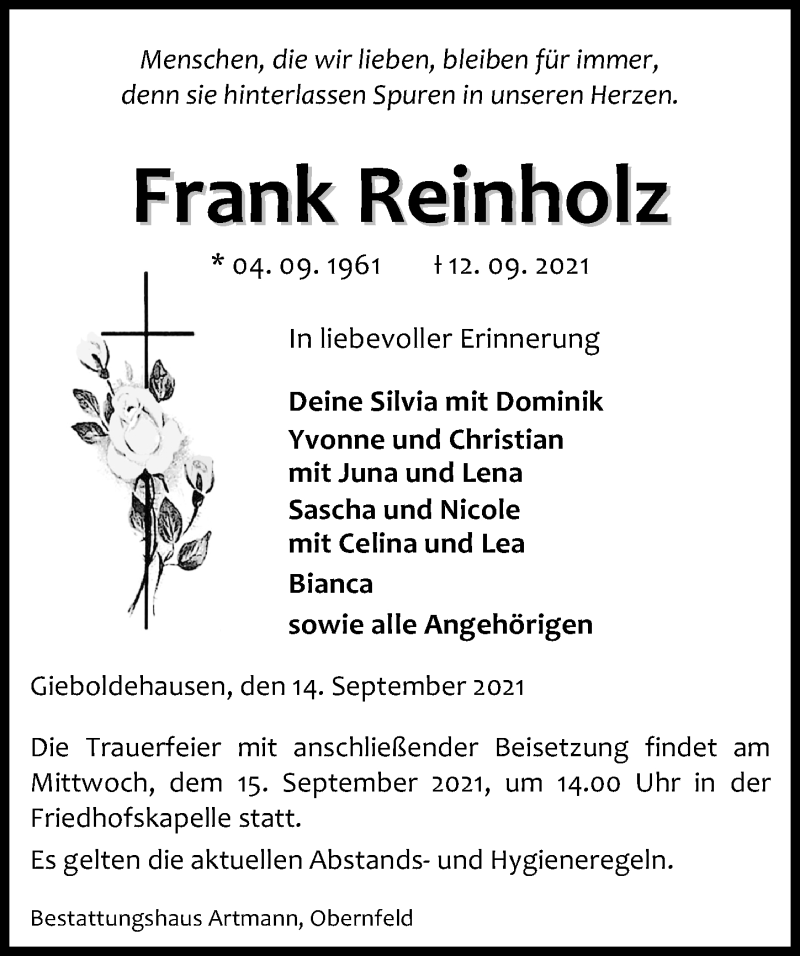  Traueranzeige für Frank Reinholz vom 14.09.2021 aus Eichsfelder Tageblatt