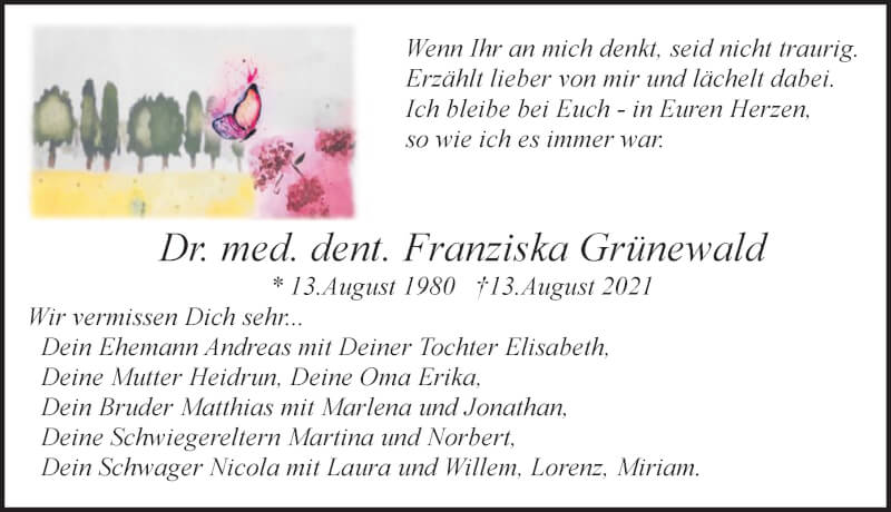  Traueranzeige für Franziska Grünewald vom 18.09.2021 aus Märkischen Allgemeine Zeitung
