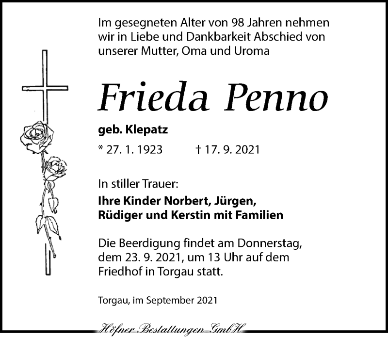  Traueranzeige für Frieda Penno vom 21.09.2021 aus Torgauer Zeitung