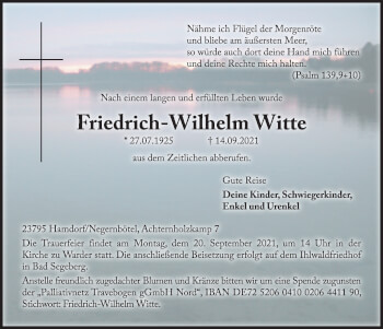 Traueranzeige von Friedrich-Wilhelm Witte von Kieler Nachrichten