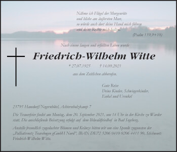 Traueranzeige von Friedrich-Wilhelm Witte von Lübecker Nachrichten