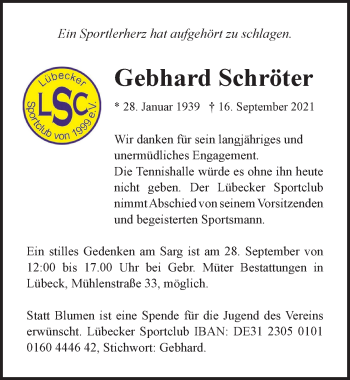 Traueranzeige von Gebhard Schröter von Lübecker Nachrichten