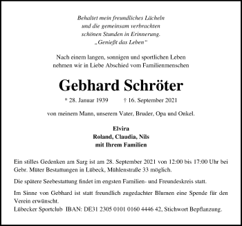 Traueranzeige von Gebhard Schröter von Lübecker Nachrichten