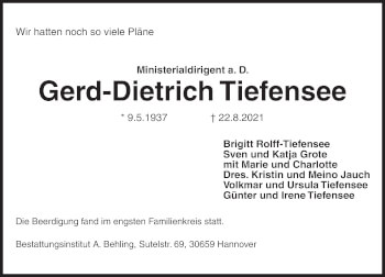 Traueranzeige von Gerd-Dietrich Tiefensee von Hannoversche Allgemeine Zeitung/Neue Presse