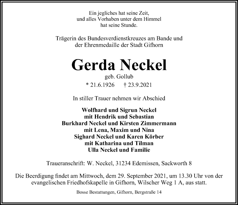  Traueranzeige für Gerda Neckel vom 25.09.2021 aus Aller Zeitung