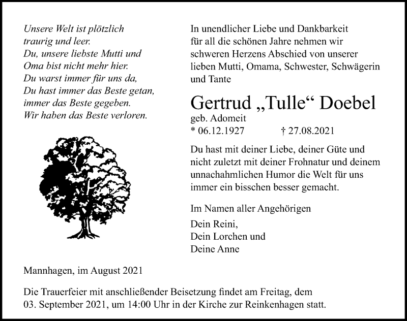  Traueranzeige für Gertrud Doebel vom 01.09.2021 aus Ostsee-Zeitung GmbH