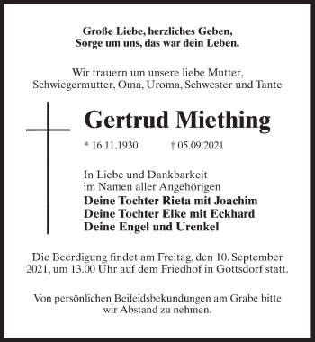 Traueranzeige von Gertrud Miething von Märkischen Allgemeine Zeitung
