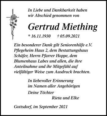 Traueranzeige von Gertrud Miething von Märkischen Allgemeine Zeitung