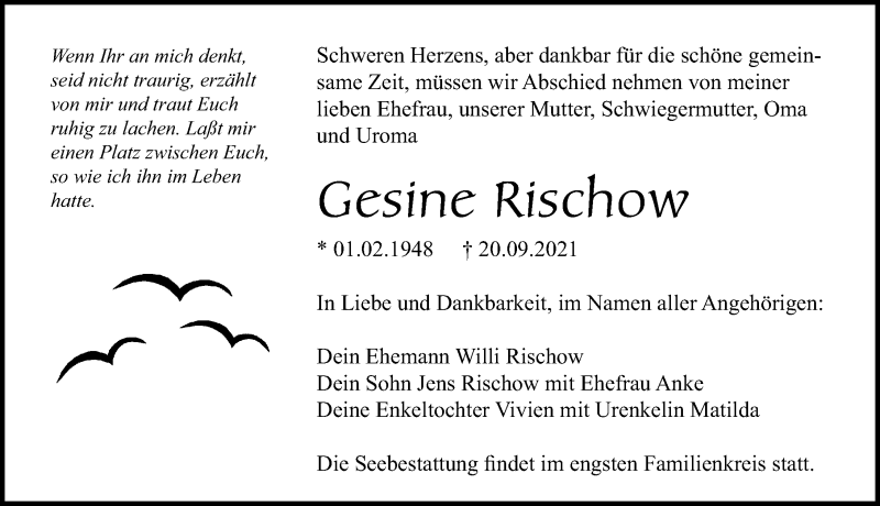  Traueranzeige für Gesine Rischow vom 25.09.2021 aus Ostsee-Zeitung GmbH