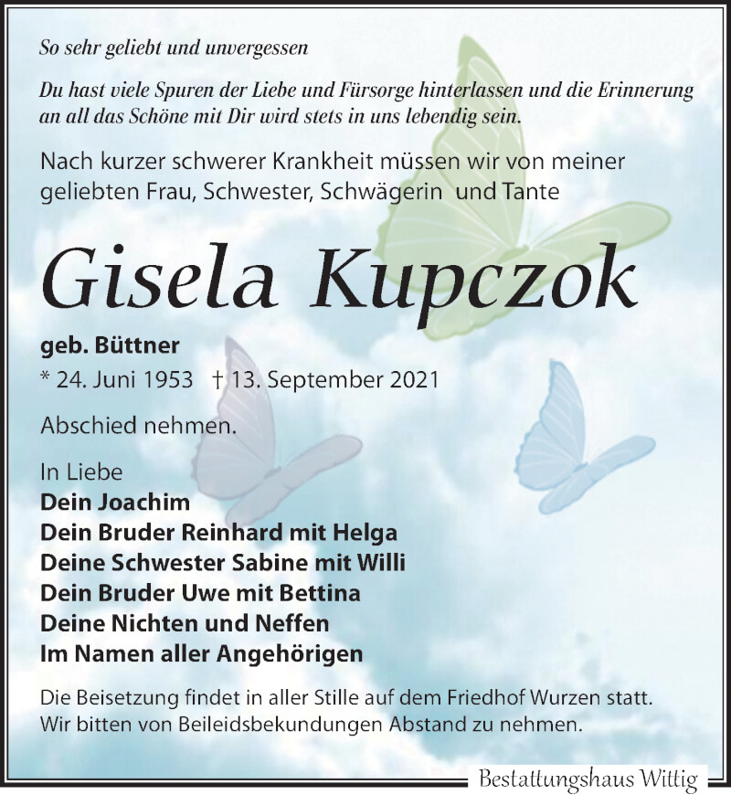  Traueranzeige für Gisela Kupczok vom 18.09.2021 aus Leipziger Volkszeitung