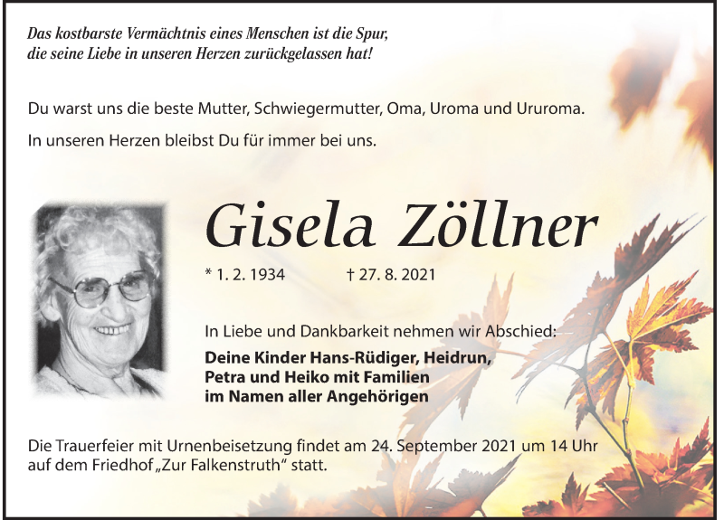  Traueranzeige für Gisela Zöllner vom 04.09.2021 aus Torgauer Zeitung