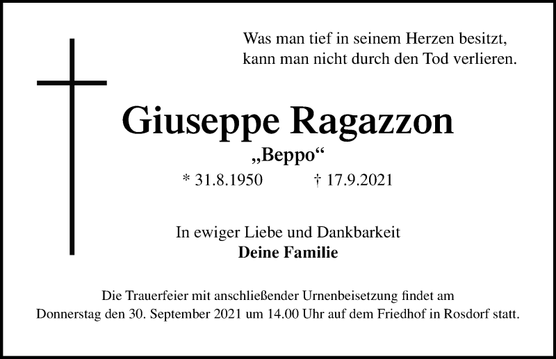  Traueranzeige für Giuseppe Ragazzon vom 25.09.2021 aus Göttinger Tageblatt