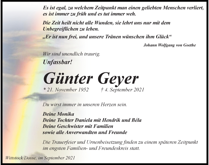  Traueranzeige für Günter Geyer vom 10.09.2021 aus Märkischen Allgemeine Zeitung
