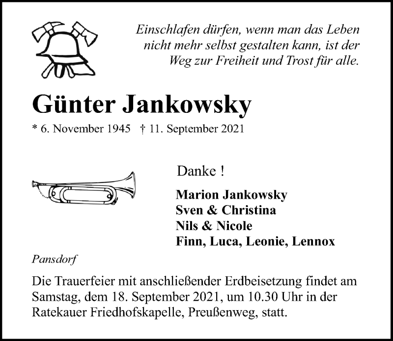  Traueranzeige für Günter Jankowsky vom 15.09.2021 aus Lübecker Nachrichten