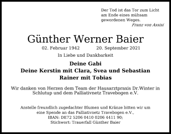 Traueranzeige von Günther Werner Baier von Lübecker Nachrichten
