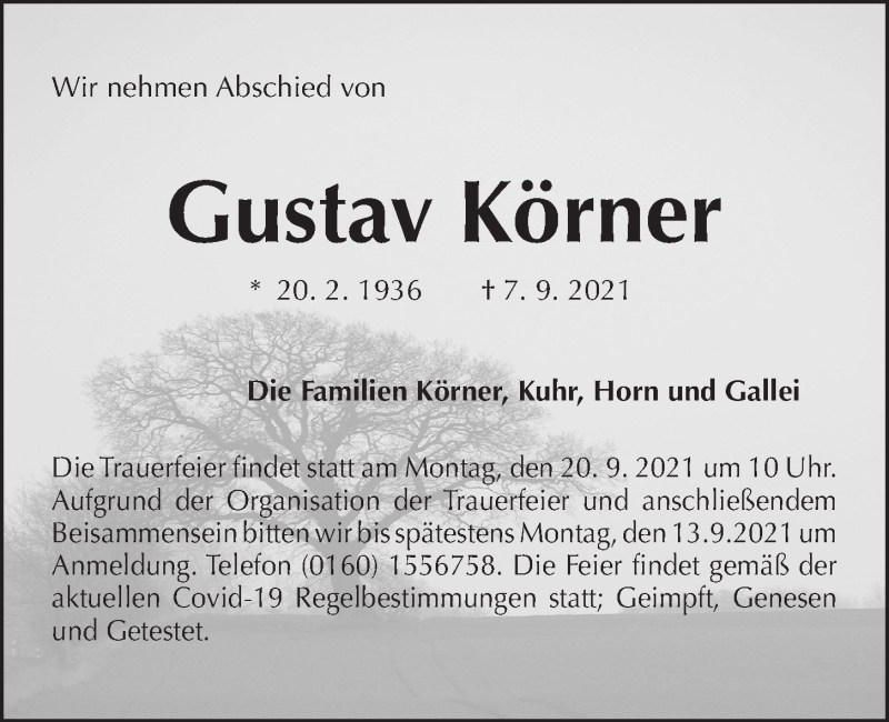  Traueranzeige für Gustav Körner vom 11.09.2021 aus Kieler Nachrichten