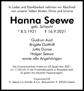 Traueranzeige von Hanna Seewe von Lübecker Nachrichten