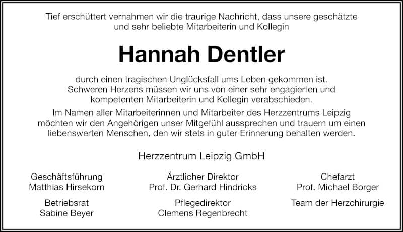  Traueranzeige für Hannah Dentler vom 18.09.2021 aus Leipziger Volkszeitung