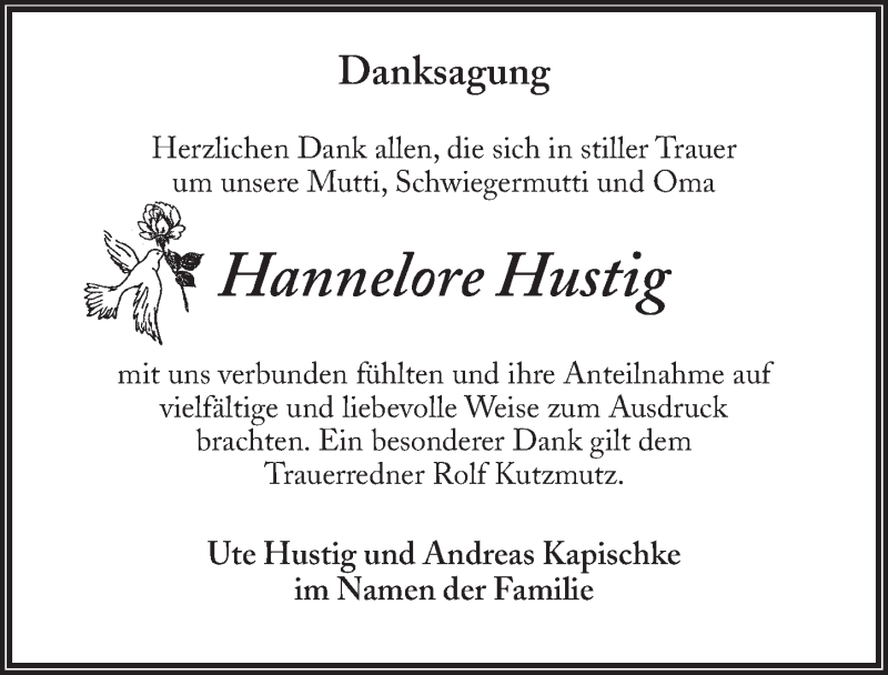  Traueranzeige für Hannelore Hustig vom 25.09.2021 aus Märkischen Allgemeine Zeitung