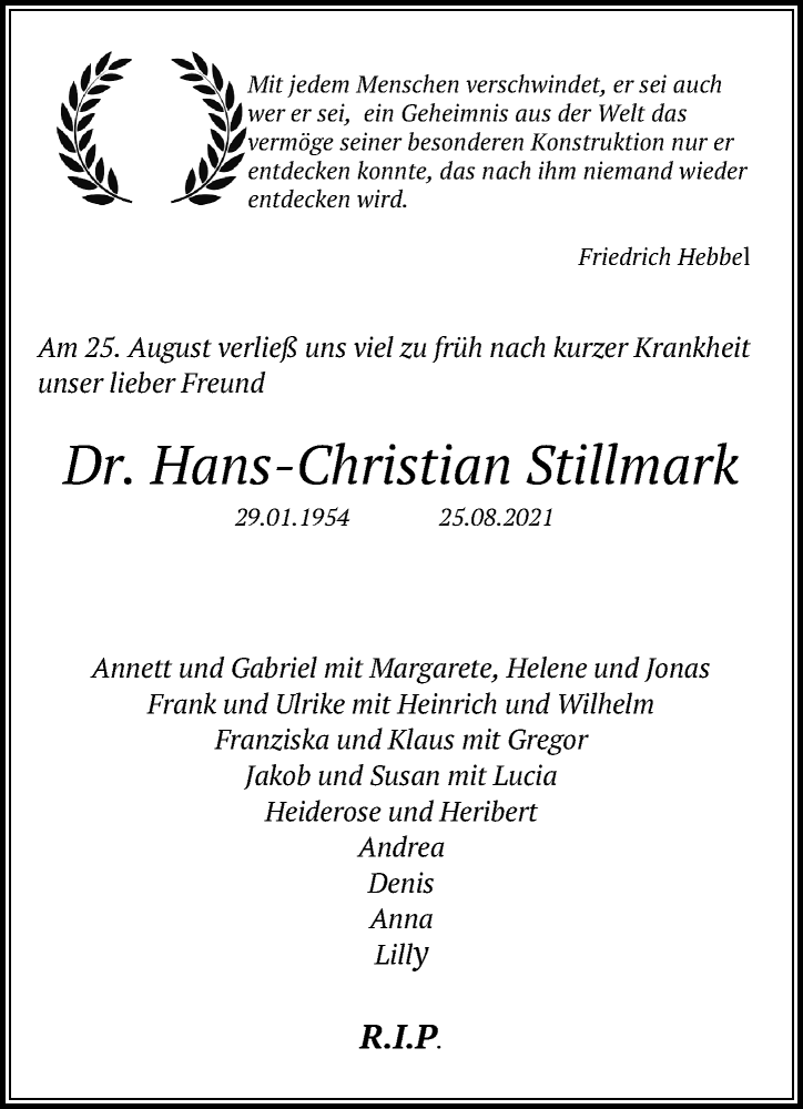  Traueranzeige für Hans-Christian Stillmark vom 11.09.2021 aus Märkischen Allgemeine Zeitung