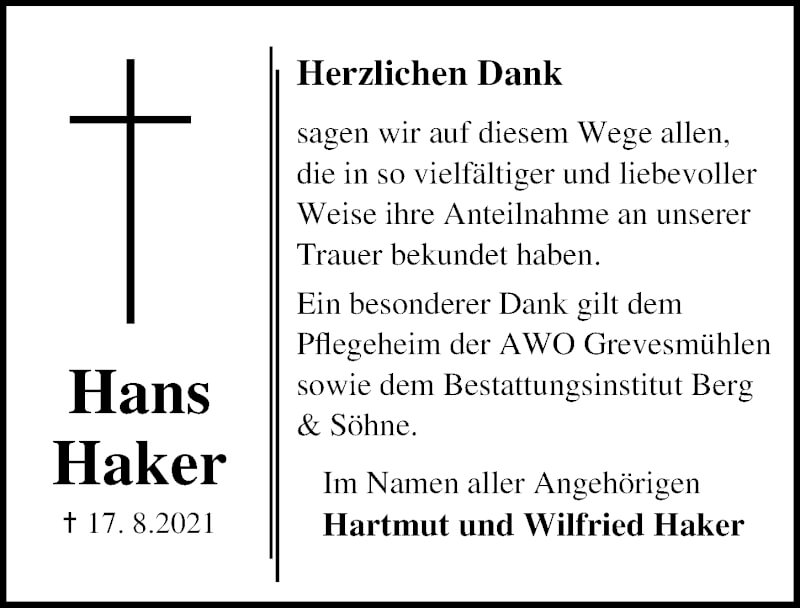  Traueranzeige für Hans Haker vom 18.09.2021 aus Ostsee-Zeitung GmbH