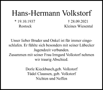 Traueranzeige von Hans-Hermann Volkstorf von Lübecker Nachrichten