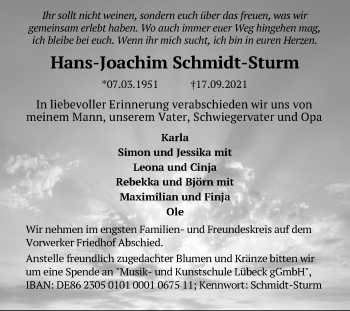Traueranzeige von Hans-Joachim Schmidt-Sturm von Lübecker Nachrichten