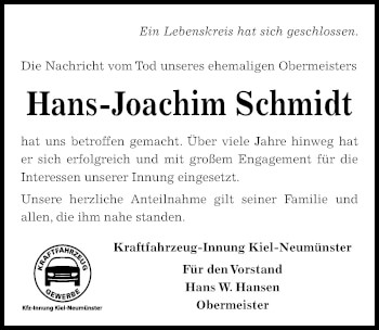 Traueranzeige von Hans-Joachim Schmidt von Kieler Nachrichten