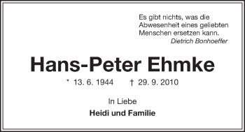 Traueranzeige von Hans-Peter Ehmke von Kieler Nachrichten