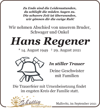 Traueranzeige von Hans Regener von Leipziger Volkszeitung