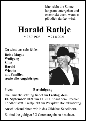 Traueranzeige von Harald Rathje von Kieler Nachrichten