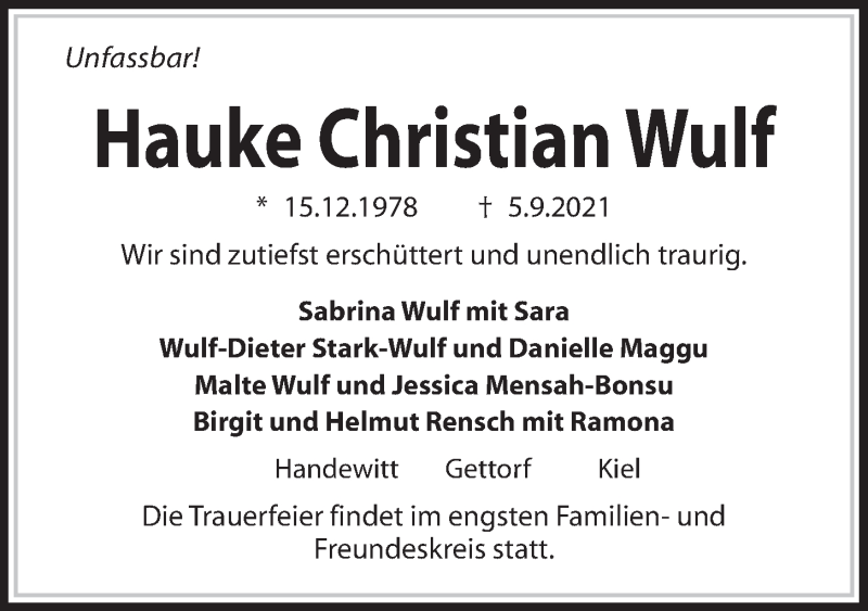  Traueranzeige für Hauke Christian Wulf vom 11.09.2021 aus Kieler Nachrichten