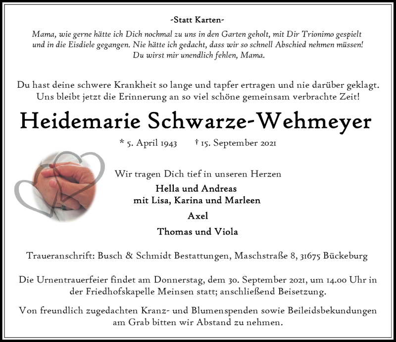  Traueranzeige für Heidemarie Schwarze-Wehmeyer vom 22.09.2021 aus Schaumburger Nachrichten
