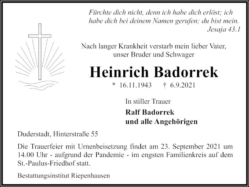  Traueranzeige für Heinrich Badorrek vom 18.09.2021 aus Eichsfelder Tageblatt
