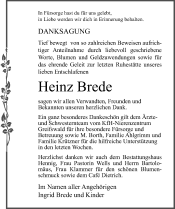 Traueranzeige von Heinz Brede von Ostsee-Zeitung GmbH