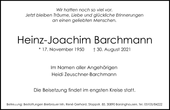 Traueranzeige von Heinz-Joachim Barchmann von Aller Zeitung