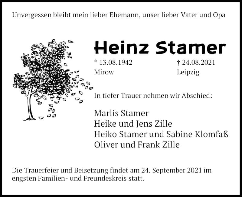  Traueranzeige für Heinz Stamer vom 18.09.2021 aus Leipziger Volkszeitung