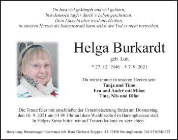 Traueranzeige von Helga Burkardt von Hannoversche Allgemeine Zeitung/Neue Presse