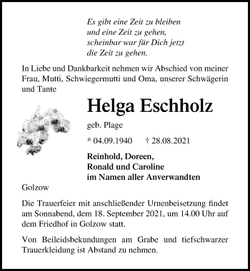 Traueranzeige von Helga Eschholz von Märkischen Allgemeine Zeitung
