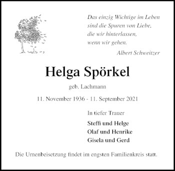 Traueranzeige von Helga Spörkel von Lübecker Nachrichten