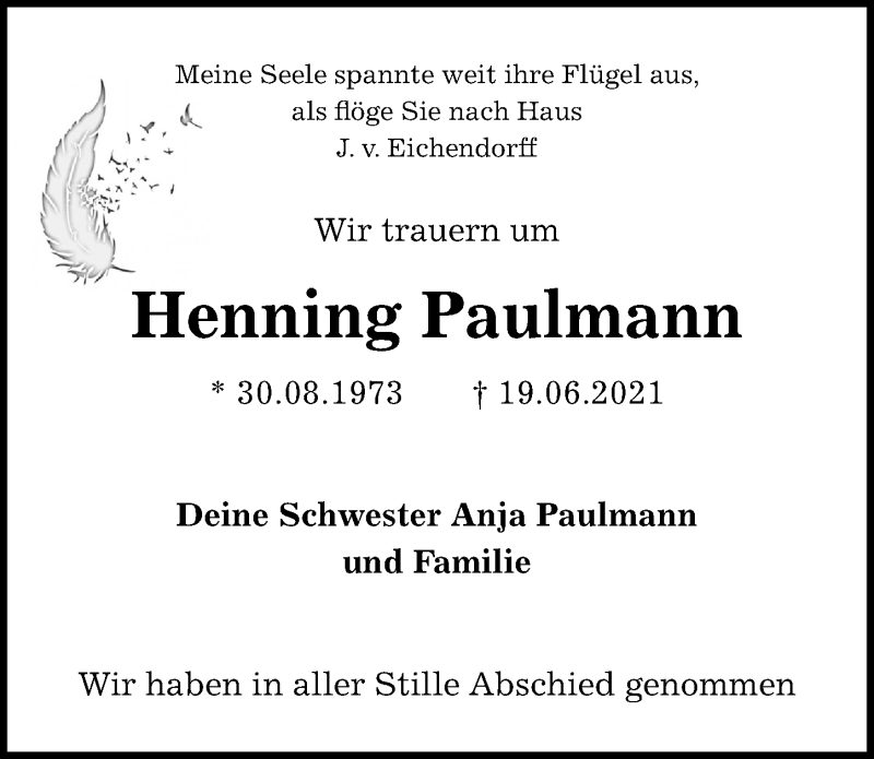 Traueranzeige für Henning Paulmann vom 01.09.2021 aus Hannoversche Allgemeine Zeitung/Neue Presse