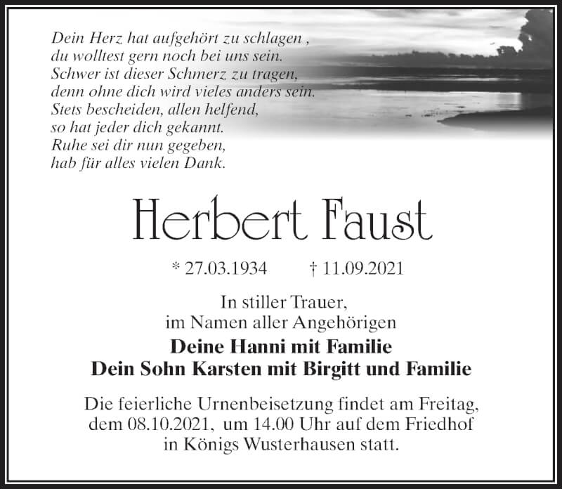  Traueranzeige für Herbert Faust vom 18.09.2021 aus Märkischen Allgemeine Zeitung